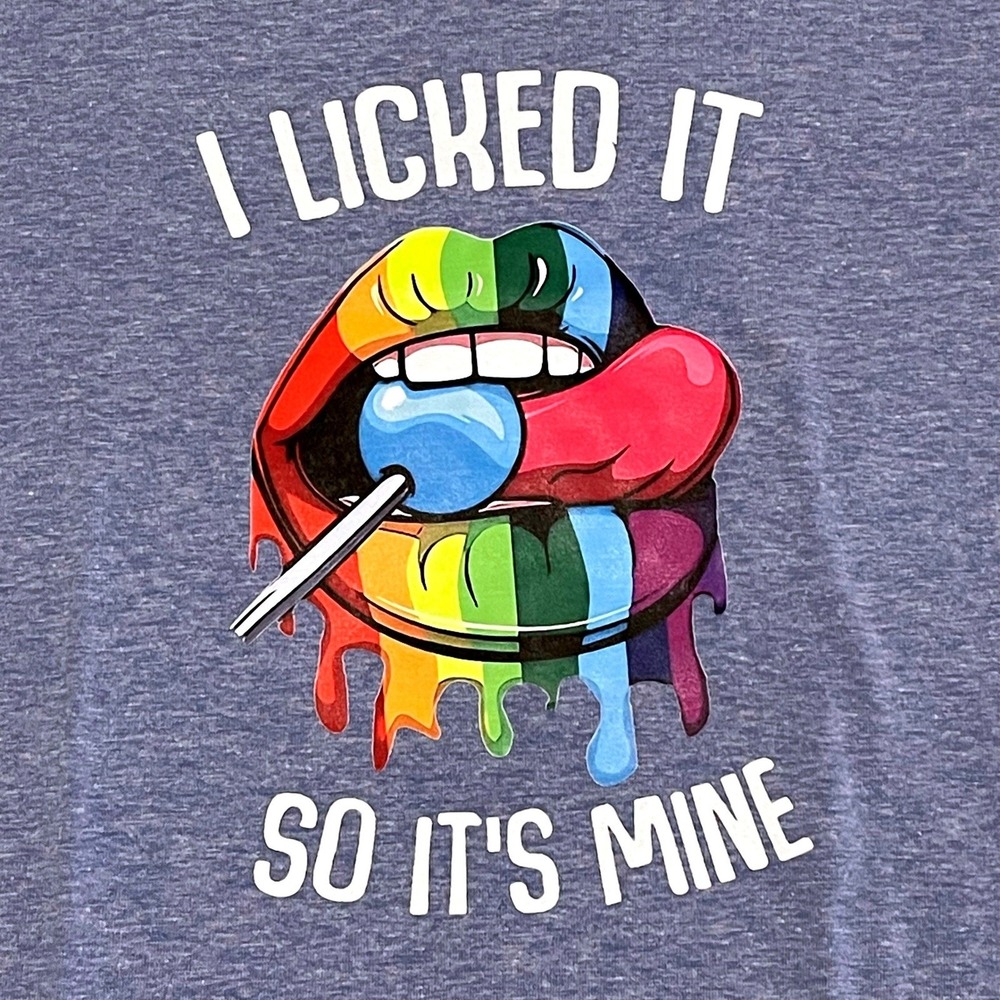 Graphic Tee I Licked It So Its Mine Rainbow Lips V Neck T Shirt Blue Size S